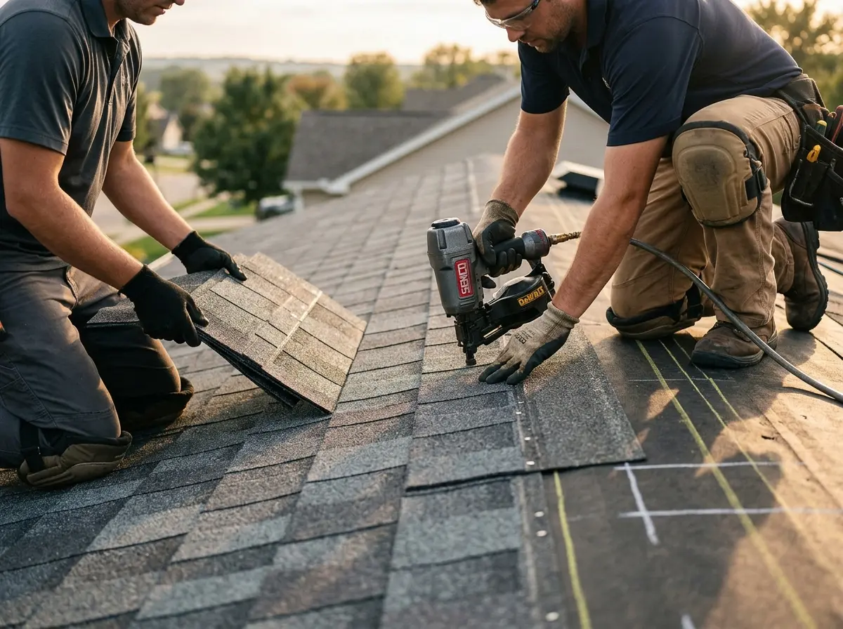 Professional roofer working on a residential roof in Youngsville
